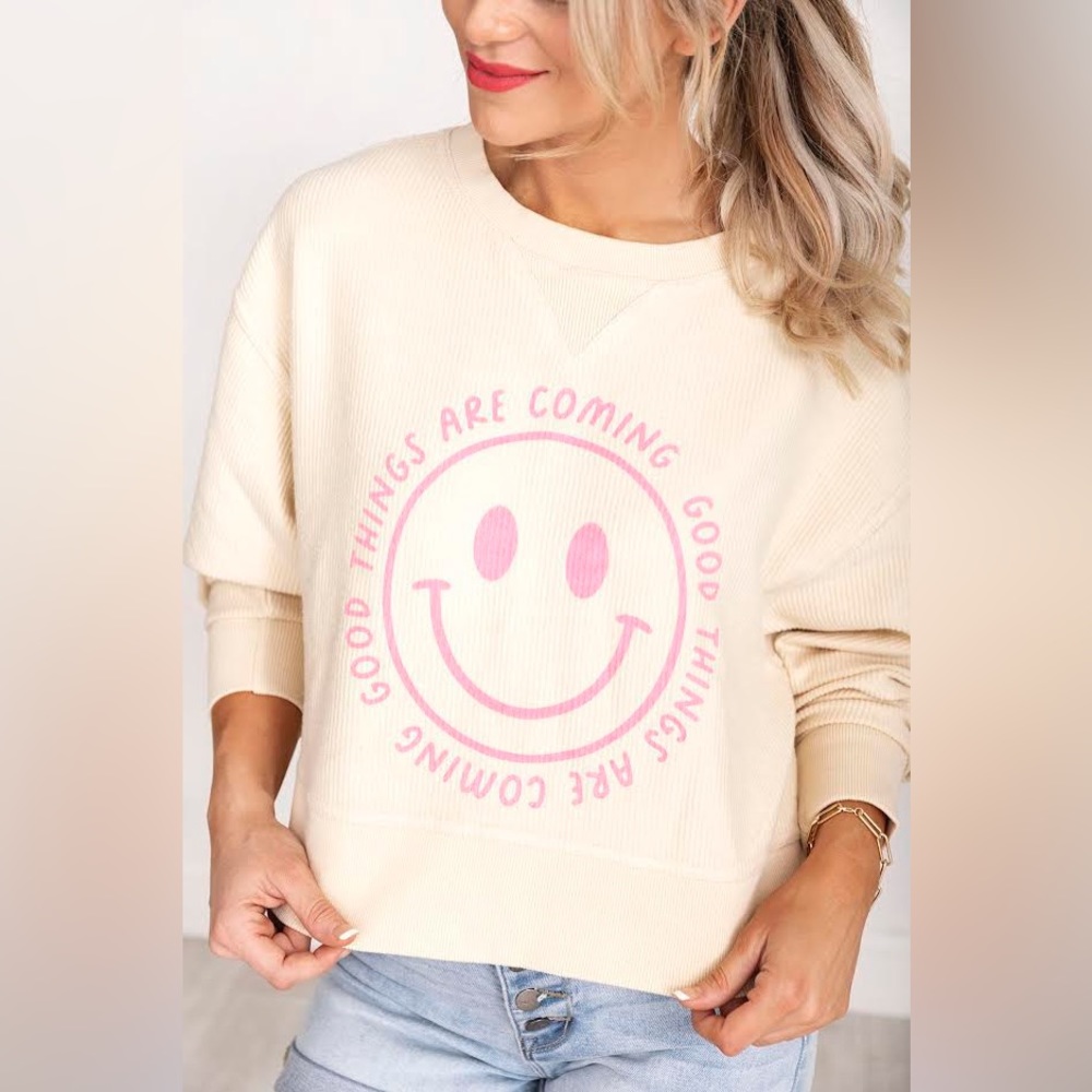 PINK LILY - GOOD THINGS ARE COMING CROPPED CORDED CREAM GRAPHIC SWEATSHIRT